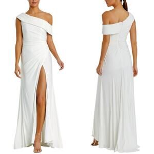 Mac Duggal Foldover Off-Shoulder Asymmetric Ruched White Jersey Maxi Gown sz 14
